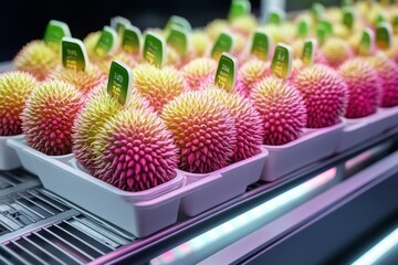Poster - Durians displayed in a high-tech market stall with holographic price tags and glowing neon accents
