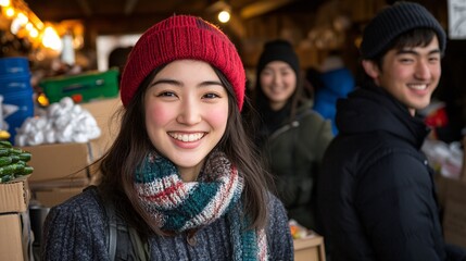 Poster - Asian family smiling as they settle into their new kitchen while unpacking boxes Stock Photo with side copy space