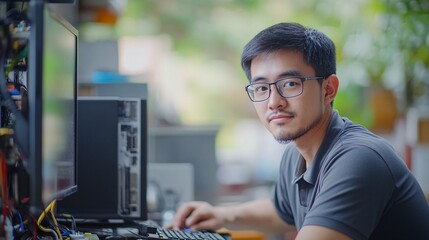 Poster - Asian man adjusting a TV stand while setting up electronics in his new living room Stock Photo with side copy space