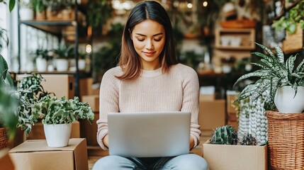 Poster - Asian woman sitting on the floor surrounded by boxes and using her laptop in her new home Stock Photo with side copy space