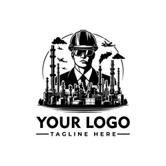 Worker in hard hat stands arms crossed in front of industrial plant vector logo Industrial worker in hard hat stands confidently in front of factory. Suitable for construction, engineering, manufactur