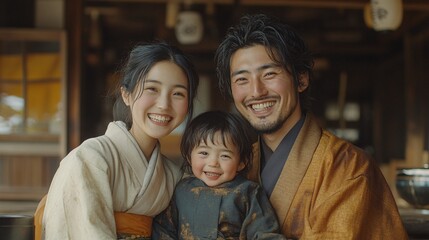 Poster - Asian family smiling as they settle into their new home and arrange their belongings Stock Photo with side copy space
