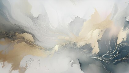 Poster - Dreamy Abstract Background with Soft Feathery Textures, Golden Highlights, and Cloud Like Swirls in Neutral Tones. Perfect for Luxurious, Minimalist Design Projects and Elegant Website Headers