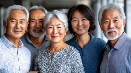 Poster - Asian family walking into their new home together holding boxes and smiling Stock Photo with side copy space