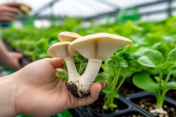 Poster - Mushrooms growing in a high-tech, temperature-controlled greenhouse, with holographic displays showing optimal conditions