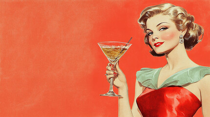 A vintage style illustration of a woman holding a cocktail