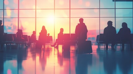 Poster - Passengers with luggage are waiting in the departure lounge at the airport, silhouetted against the setting sun shining through the windows