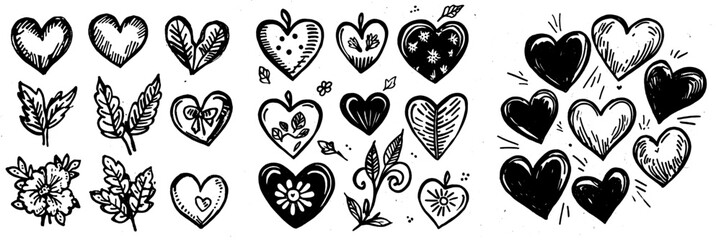 Poster - On a white background, a set of modern hand drawn hearts.