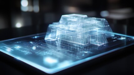 Aufkleber - A futuristic holographic model is displayed above a digital tablet, highlighting advanced architectural designs and the impact of technology.