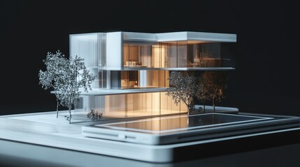 Aufkleber - A futuristic holographic model is displayed above a digital tablet, highlighting advanced architectural designs and the impact of technology.