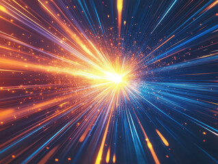 dazzling explosion of vibrant light beams and particles in motion, creating a cosmic and energetic v