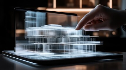 Poster - A sleek tablet projects a detailed holographic model of a building, illustrating the future of architecture through cutting-edge technology.