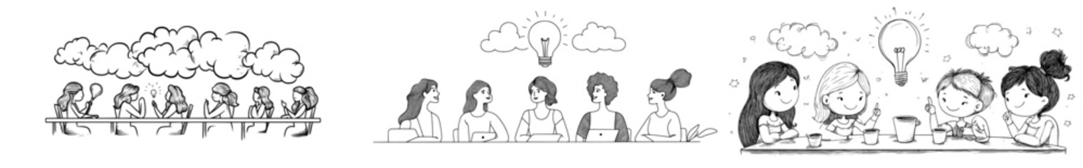 Poster - A businesswoman brainstorms with a group, teams collaborate, ideas are generated, and collective creativity is displayed. A line art modern illustration shows the collective process in action