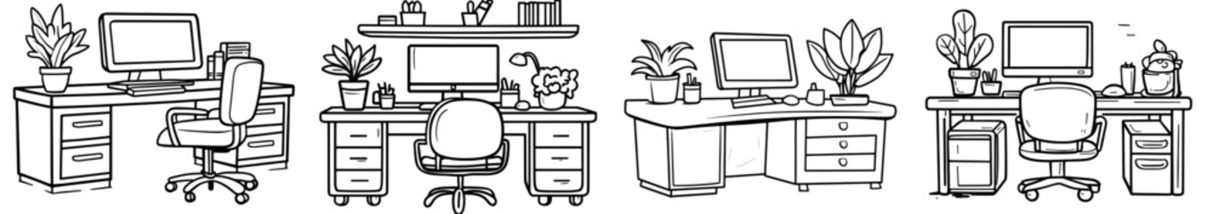 Poster - Workplace furniture, table, chairs, and desk with empty chair on white background. Unoccupied workspace, empty desk and chair. Business work place furniture, table, and seat.