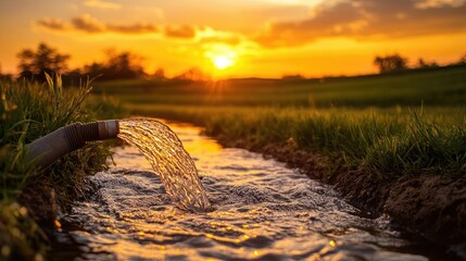 Aufkleber - A tranquil scene of water cascading from a hose into a peaceful field at sunset, showcasing the essence of rural living and natural beauty.