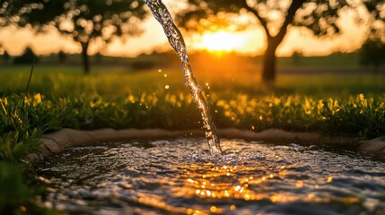 Aufkleber - A tranquil scene of water cascading from a hose into a peaceful field at sunset, showcasing the essence of rural living and natural beauty.