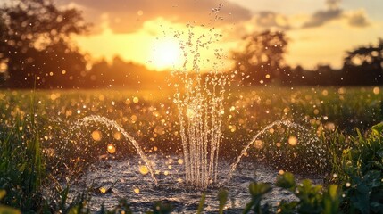 Aufkleber - A tranquil scene of water cascading from a hose into a peaceful field at sunset, showcasing the essence of rural living and natural beauty.
