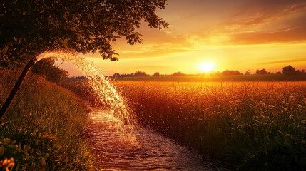 Aufkleber - A tranquil scene of water cascading from a hose into a peaceful field at sunset, showcasing the essence of rural living and natural beauty.