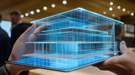 Aufkleber - An innovative architectural design is brought to life through a holographic model projected from a tablet, showcasing the future of construction.