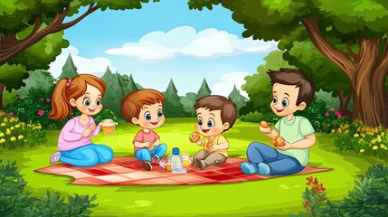 Cartoon family playing in a park, parents and children enjoying the outdoors, with room for text