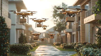 Poster - Drone Swarm Delivering Groceries to Multiple Homes Simultaneously Showcasing Efficiency and Advanced Technology
