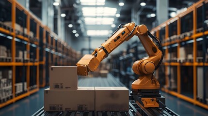 Poster - robotic arm precisely sorting and packing boxes in high tech warehouse for efficient delivery