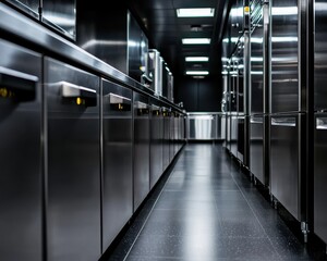 Modern kitchen interior with stainless steel cabinets and appliances, creating a sleek culinary environment.