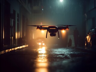 Poster - delivery drone navigating dark urban landscape for late night shipment
