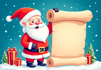 Wall Mural - 3D cartoon Santa Claus with a bag of gifts on his back, holding an empty unfolded parchment scroll in his hands.