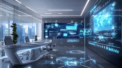 Poster - futuristic virtual office with seamless remote tools and holographic displays