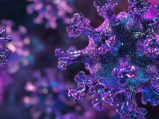 Close-up of a vibrant, detailed 3D-rendered virus in purple and blue hues.