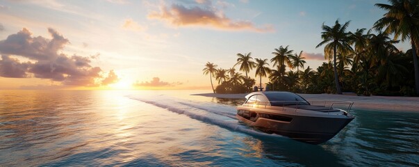 Elegant yacht cruising at sunset in tropical paradise