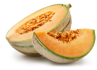 Cantaloupe melon and melon slice isolated on white background. File contains clipping path.