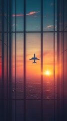 Aufkleber - Airplane soaring above a city at sunset, seen from an airport terminal window. The sky painted with orange and red hues, capturing the essence of travel and adventure