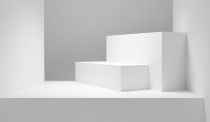 Poster - White geometric forms abstract background. White forms table empty copy space abstract display illuminated with spotlights - best place for products and background. White room table bright design