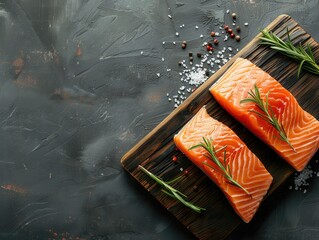 Two Fresh Salmon Fillets with Rosemary and Salt on Wooden Board.