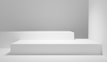 Fototapete - White empty table podium stage - place for products and product placement background. White abstract minimalistic background with white geometric shapes for design and advertisement. White podium