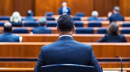 A man sits in a courtroom, facing a speaker, with a group of people in the background, engaged in a formal legal discussion.