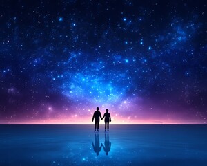 Silhouette of two people holding hands under a starry sky.