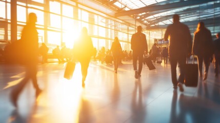 Poster - Passengers strolling through a modern airport terminal, heading to destinations for work or pleasure. Travelers with luggage move towards flights, creating a vibrant atmosphere