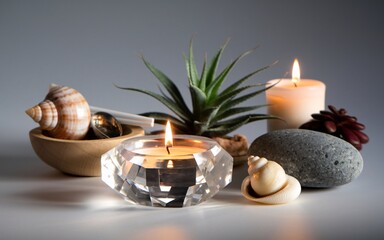 Spa decorate, Two burning candles and shells in a spa setting.