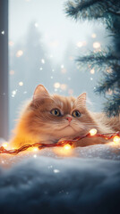 playful kitten lies among glowing Christmas lights, surrounded by wintery scene. soft fur and curious expression create heartwarming holiday atmosphere