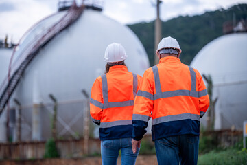 Sticker - Engineers wearing safety gear, including hard hats examining survey detail standing industrial facility gas or oil refinery engaged in a job requires high safety standards concept.