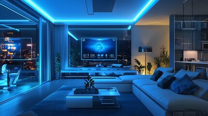 Poster - Futuristic Smart Living Room with Holographic TV Displays and AI Controlled Lighting and Temperature