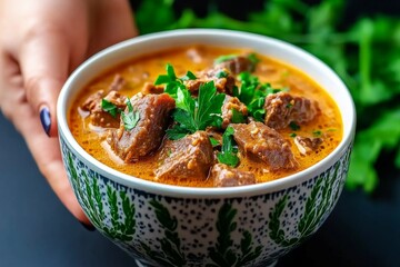 A bowl of mushroom soup garnished with fresh herbs, with steam rising and creamy textures highlighted