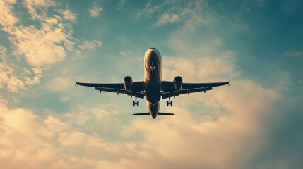 Poster - Large passenger jet is approaching an airport, flying through a cloudy evening sky with its landing lights switched on