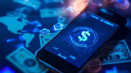 Secure online money transfer with fintech A smartphone displaying a secure online money transfer interface, with encryption symbols and global currency options