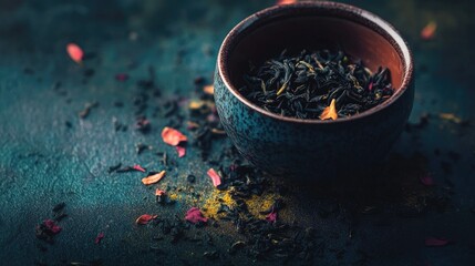 Wall Mural - Close-up of dry black tea leaves in a small ceramic cup, with fine details and rich color highlighted on a dark background.