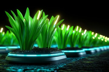 Poster - A futuristic rooftop garden growing green onions and celery in a neon-lit environment with holographic screens monitoring growth