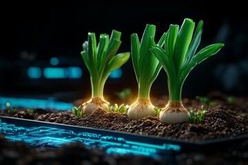 Poster - A futuristic rooftop garden growing green onions and celery in a neon-lit environment with holographic screens monitoring growth